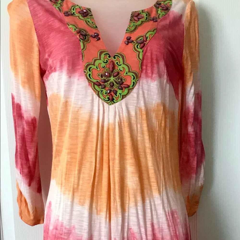 HALE BOB CABANA BEADED ORANGE PINK SWIM COVERUP TUNIC SZ S